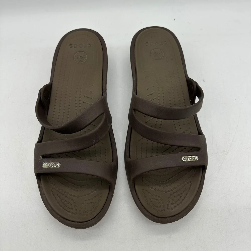 Crocs Patricia Womens Size 9 Brown Wedge Sandals Slip On tri-strap Comfort Shoes